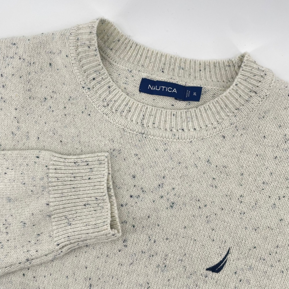 Nautica Sweater Mens XL Cream Speckled Donegal Crewneck Pullover Knit Logo